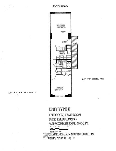 Floor plan for 1 bed, 1 bath, 590 sqft